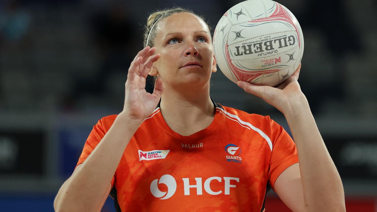 Jo Harten of the Giants warms up ahead of the round three Super Netball match between Melbourne Mavericks and Giants Netball. Photo: Getty Images