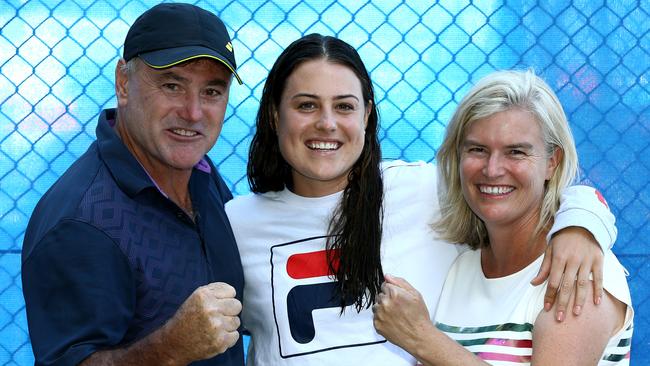 Gold Coast's Kimberly Birrell pictured with her parents John and Ros Birrell after her win against Daria Kasatkina in Brisbane in 2018 Picture: AAP/David Clark