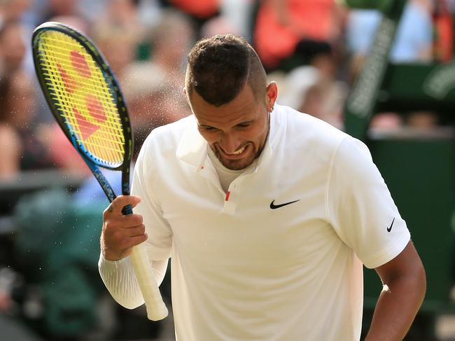 LONDON, ENGLAND - JULY 04: Nick Kyrgios (AUS) reacts against Rafael Nadal (ESP) during their Gentlemen's Singles 2nd Round match on Day 4 of The Championships - Wimbledon 2019 at the All England Lawn Tennis and Croquet Club on July 4, 2019 in London, England. (Photo by Simon Stacpoole/Offside/Getty Images)