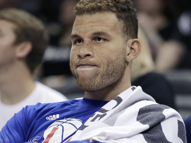 Los Angeles Clippers' Blake Griffin sits on the bench during the final moments of Game 3 in an NBA basketball first-round playoff series against the San Antonio Spurs, Friday, April 24, 2015, in San Antonio. San Antonio won 100-73. (AP Photo/Darren Abate)