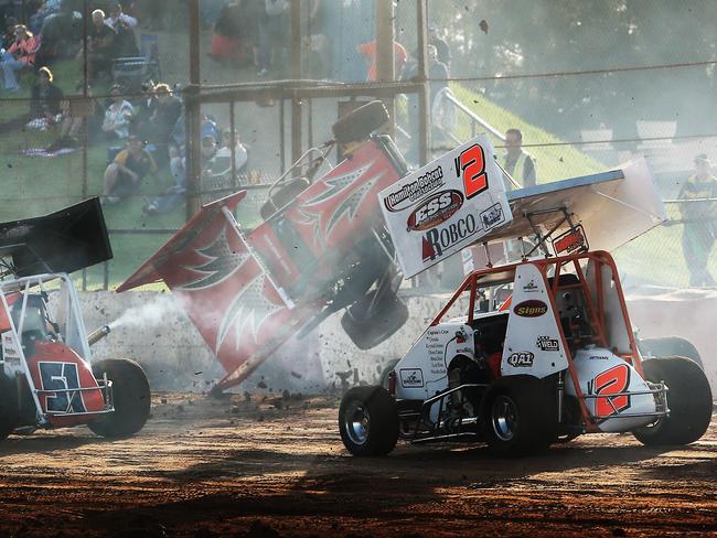 A sprintcar goes awry on the clayway track. The key to speedway motorsports is the speed, with every moment of a race visible to spectators. Picture Rohan Kelly