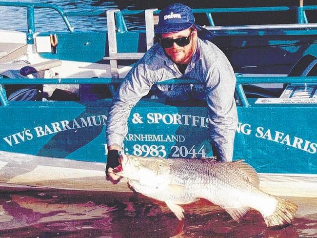 Viv Thistlethwaite with a barra caught during his early guiding years.