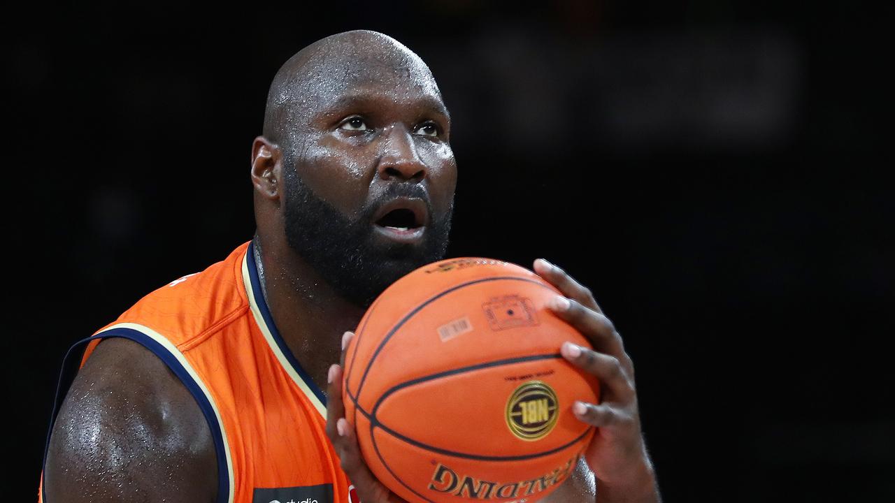 Cairns' Nate Jawai shoots the ball in the National Basketball League (NBL) match between the Cairns Taipans and the Adelaide 36ers, held at the Cairns Convention Centre. Picture: Brendan Radke