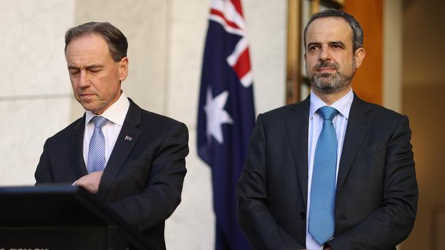 Health Minister Greg Hunt and Australian Medical Association president Dr Omar Khorshid at Parliament House. Picture: NCA NewsWire / Gary Ramage