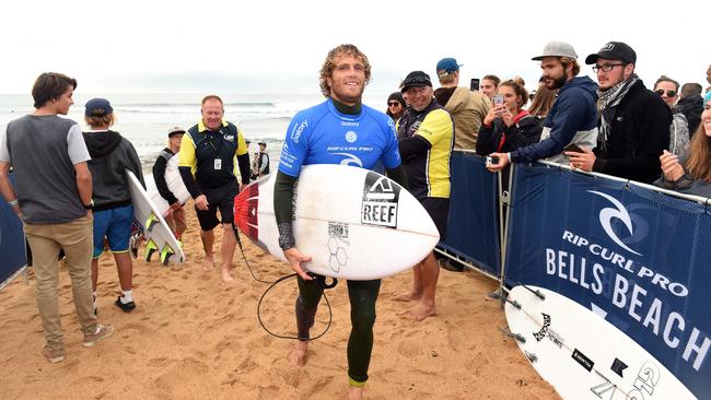 Tathra surfing legend Kai Otton after his Portugal win.