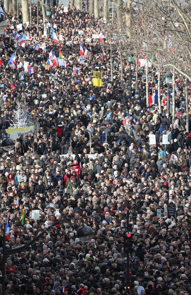 Defiant ... hundreds of thousands of people joined by world leaders have flooded Paris in a historic show of solidarity against terrorism. Picture: Christopher Furlong/Getty Images