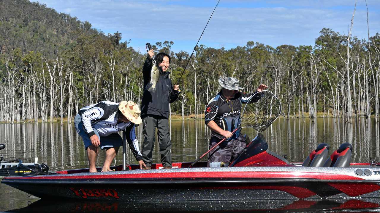 The cook in Zaiyu Hasegawa's team in Australia, Rei Mochizuki, came close to showing her boss up when she caught this bass on Lake Borumba. Picture: Arthur Gorrie