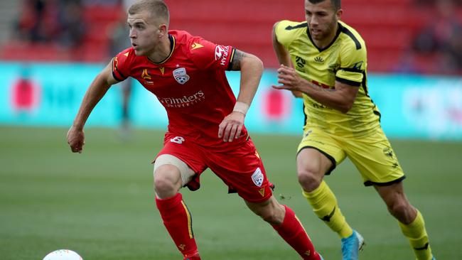 Adelaide United will be without injured midfield star Riley McGree for its home clash with Newcastle Jets. Picture: AAP Image/Kelly Barnes