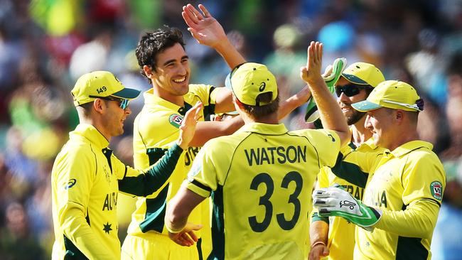 Mitchell Starc celebrates his wicket of Pakistan's Wahab Riaz. Picture: Phil Hillyard.