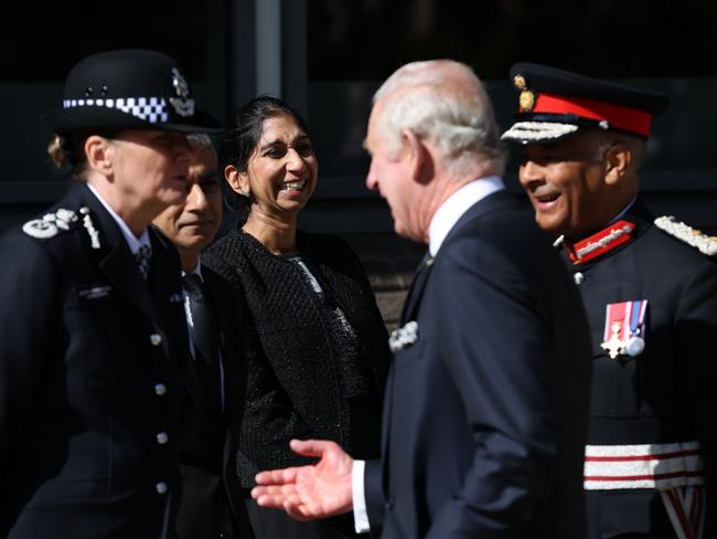 King Charles III greets Met Police Deputy Commissioner Lynne Owens, London mayor Sadiq Khan, and Home Secretary Suella Braverman. Picture: Getty Images