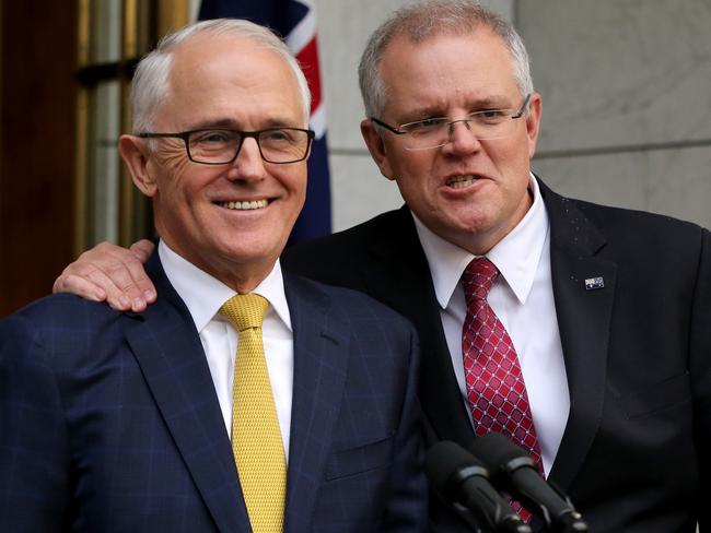 MY MATE THE PRIME MINISTER: PM Malcolm Turnbull gets the seal of approval from Treasurer Scott Morrison at a press conference at Parliament House in Canberra. Picture: Ray Strange