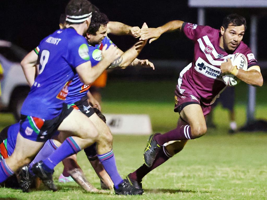 Yarrabah's Hezron Murgha breaks the defensive line in the Far North Queensland Rugby League (FNQRL) Men's minor semi final match between the Innisfail Leprechauns and the Yarrabah Seahawks, held at Smithfield Sporting Complex. Picture: Brendan Radke