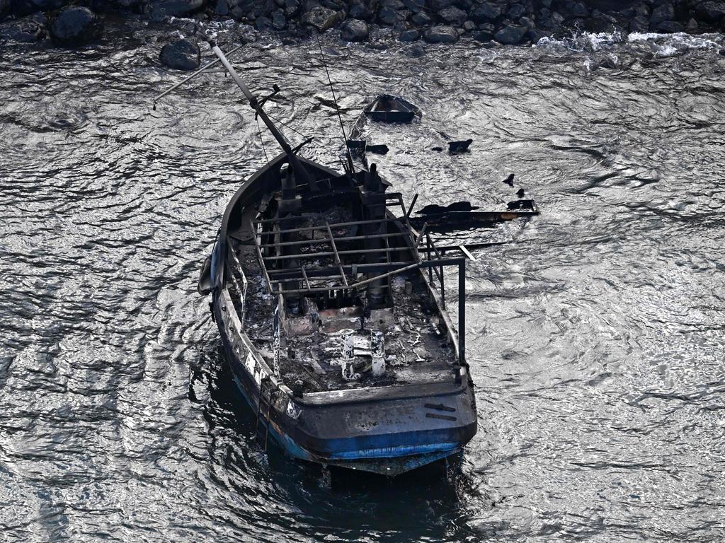 A burnt-out boat in the Lahaina Harbor in the aftermath of wildfires in western Maui, Hawaii. Picture: AFP