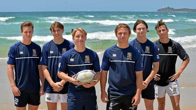 The Reds also invited a handful of players from Sunshine Coast Grammar's First XV program to train in the gym and spend time at the beach. Harry McMahon, Riley Kerr, Tait McDermott, Alex Crow, Matt McCarthy and Charlie Bruce. Picture: Patrick Woods