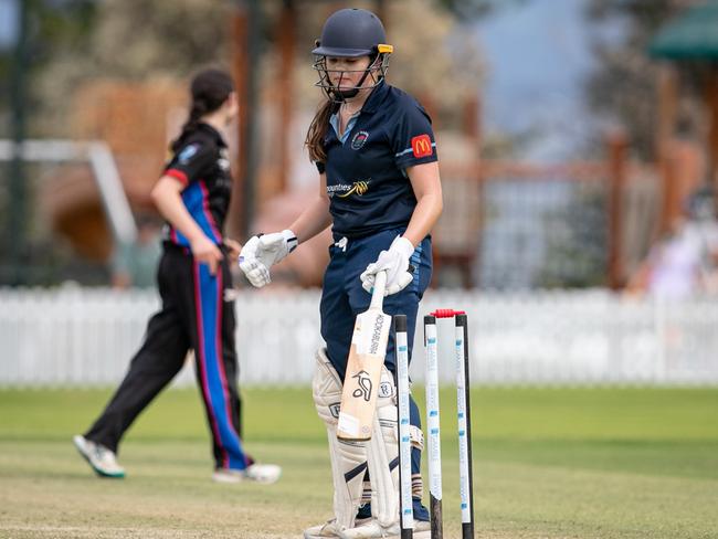 Manly captain Saoirse Ford hits her own wicket off the bowling of Ella Yates. Picture: Julian Andrews