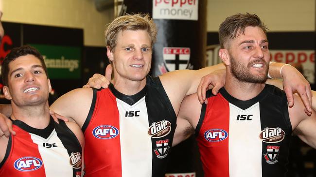 Leigh Montagna, Nick Riewoldt and Sam Fisher in 2016. Picture: Scott Barbour/Getty Images