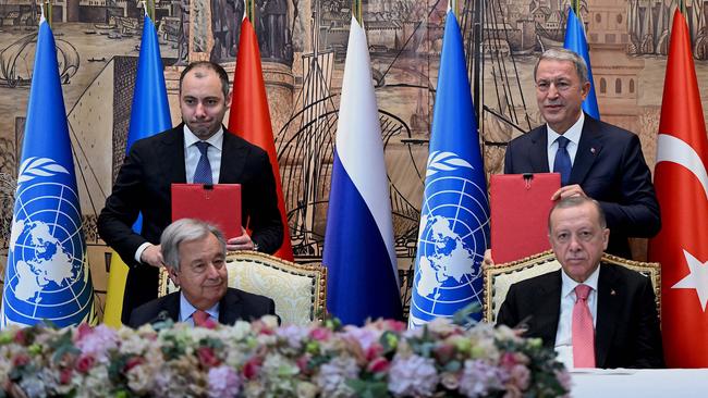 Ukraine infrastructure minister Oleksandr Kubrakov, UN Secretary-General Antonio Guterres, Turkish President Recep Tayyip Erdoga, and his Defence Minister Hulusi Akar. Picture: AFP