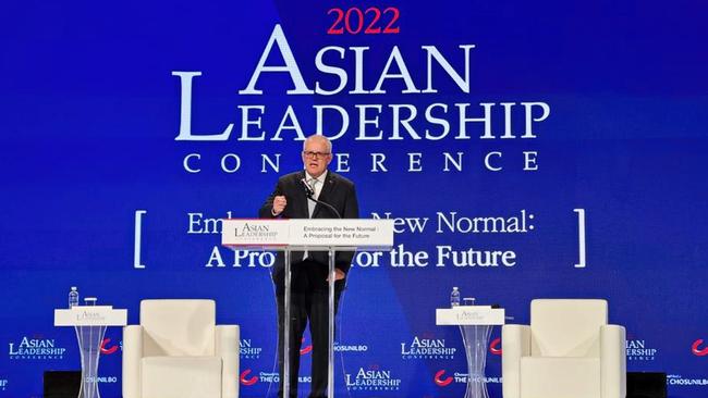 Former Australian Prime Minister Scott Morrison speaking to the Asian Leadership Conference in Seoul on Thursday. Picture: Supplied