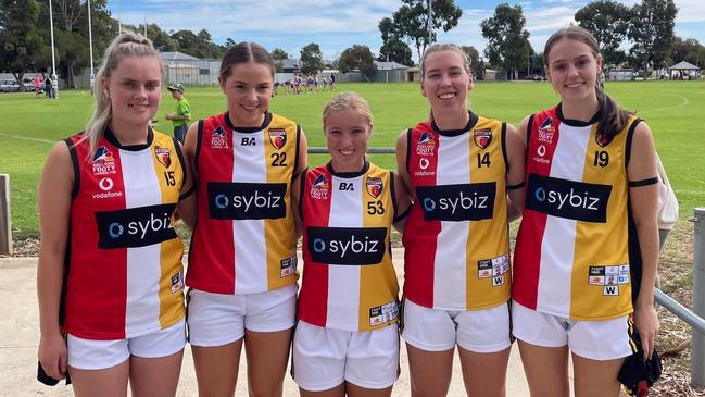 Goodwood's Zara Bowles (middle) has been a breakout player in 2022 and could lead her side to a premiership at just 15 years old. Picture: Goodwood Saints Football Club