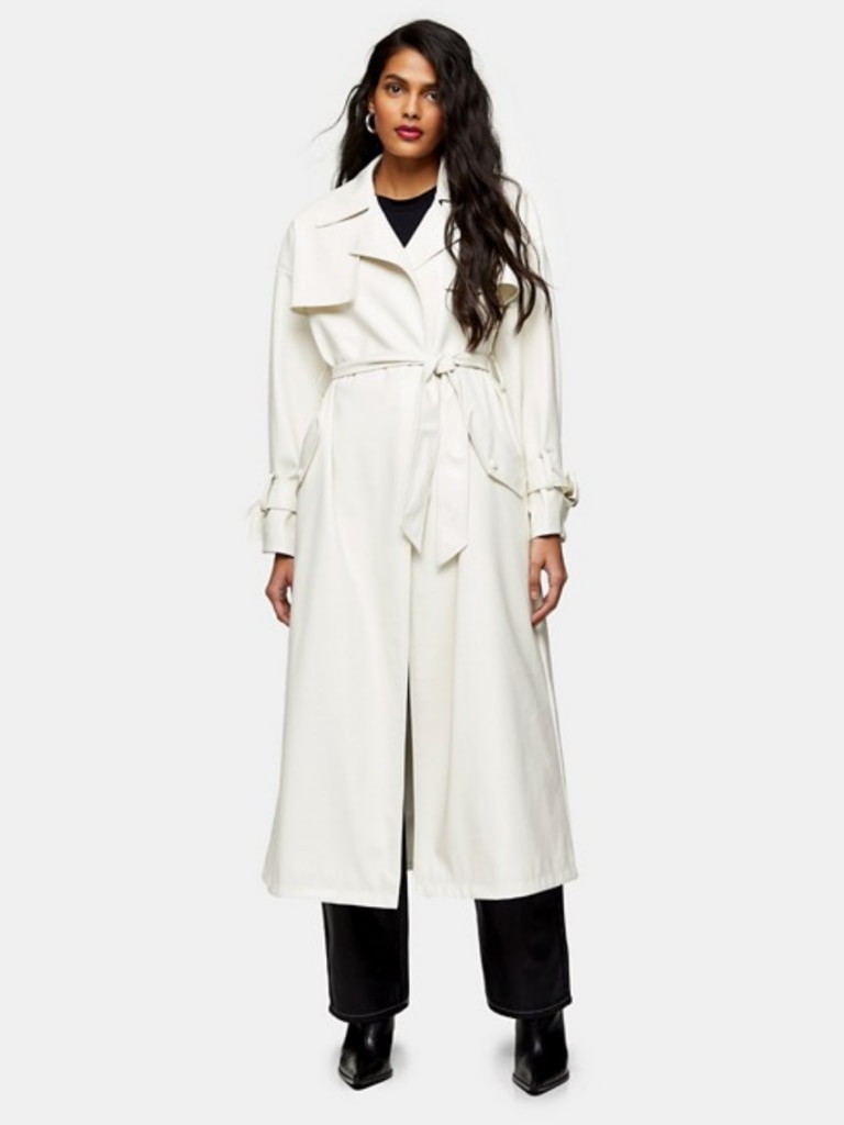 Topshop Belted Maxi Faux Leather Trench Coat in Ivory, front. Image: ASOS.