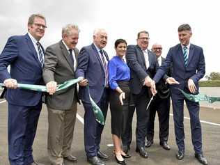 Opening of a western section of the Toowoomba Second Range Crossing are (from left) Groom MP Dr John McVeigh, former Groom MP Ian Macfarlane, TRC Mayor Paul Antonio, LVRC Mayor Tanya Milligan, Wright MP Scott Buchholz, Nexus Infrastructure Consortium chairman John Witheriff and state Transport Minister Mark Bailey, Saturday, December 8, 2018. Picture: Kevin Farmer