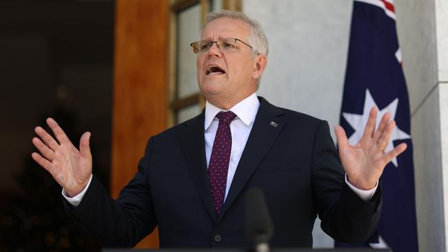 Prime Minister Scott Morrison spoke to reporters in Canberra after the national cabinet meeting on Thursday. Picture: NCA NewsWire/Gary Ramage