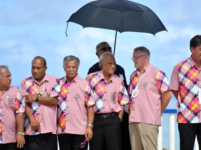 Kiribati's President Taneti Maamau, Cook Islands Prime Minister Henry Puna, Tonga's Prime Minister Akilisi Pohiva, Australia's Prime Minister Scott Morrison. Picture: AAP