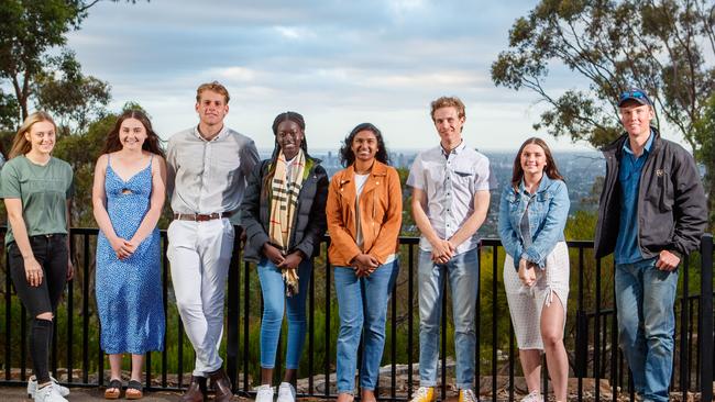 SAWeekend’s COVID Kids, from left, Macie Roberts Madeline Ryan, Kaine Baldwin, Awur Deng, Kimberlyn Selvan, Sam Nitschke, Tilly Thomas and Toby Judd at Windy Point. Belair. Picture Matt Turner