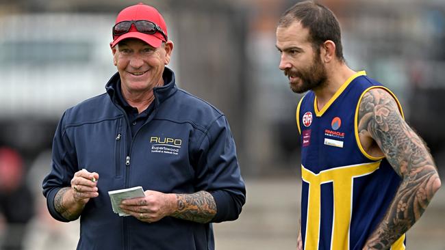 RupertswoodÃs coach Arron Bray and Dean Galea during the EDFL Deer Park v Rupertswood football match in Coburg, Saturday, Aug. 26, 2023. Picture: Andy Brownbill