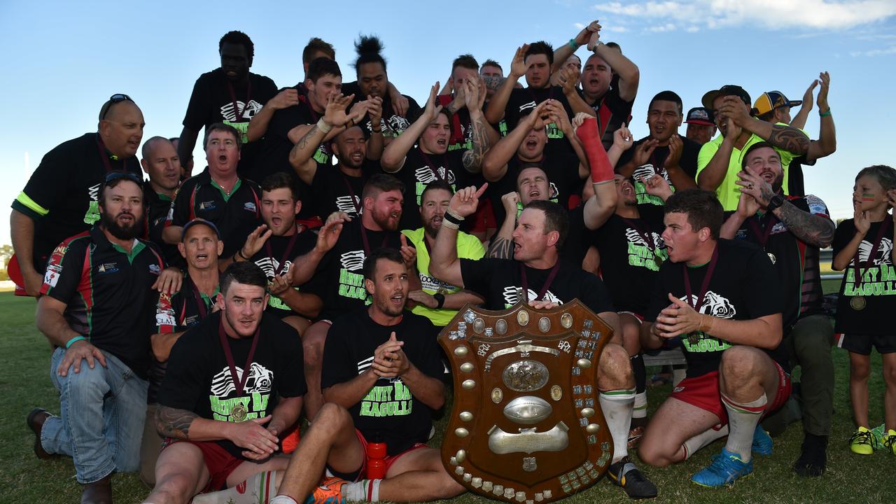 Hervey Bay Seagulls celebrate their Bundaberg Rugby League grand final win over The Waves Tigers.