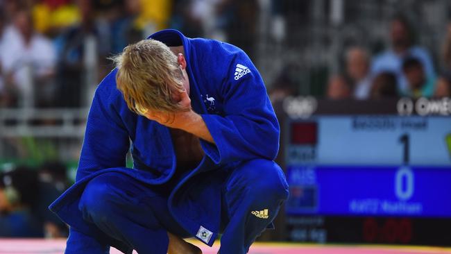 Nathan Katz reacts to defeat against Imad Bassou of Morocco in the 66kg Elimination round in Rio.