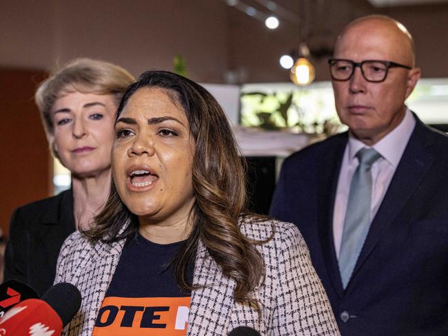 Leader of the Opposition Peter Dutton , Senator Michaelia Cash and Shadow Minister for Indigenous Australians Senator Jacinta Nampijinpa Price in Perth to promote the no vote in The Voice referendum in West Perth. Picture: Colin Murty