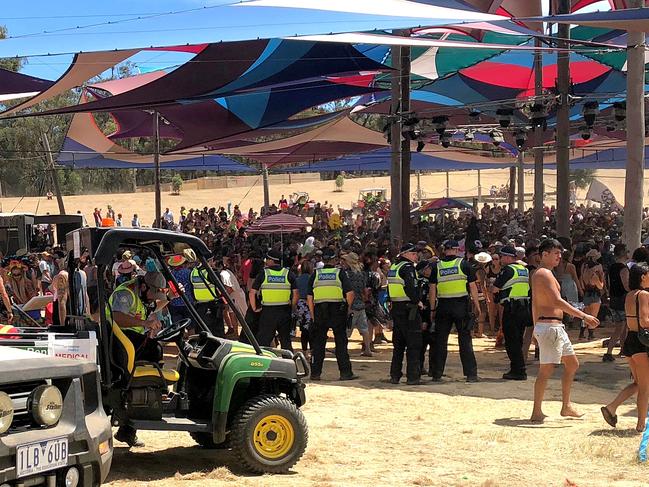 Medics and police on watch as Revellers rave all day and night.  Rainbow Serpent Festival.  Picture: No byline please.