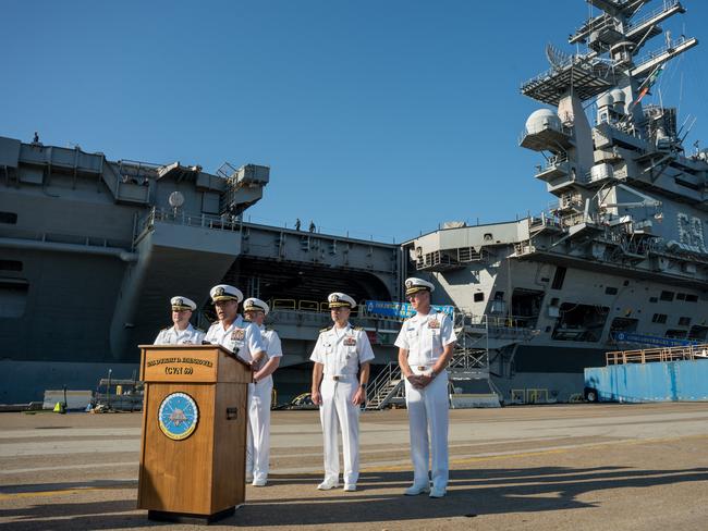 Rear Admiral Marc Miguez speaks as USS Dwight D. Eisenhower prepares to deploy to Israel. Picture: AFP