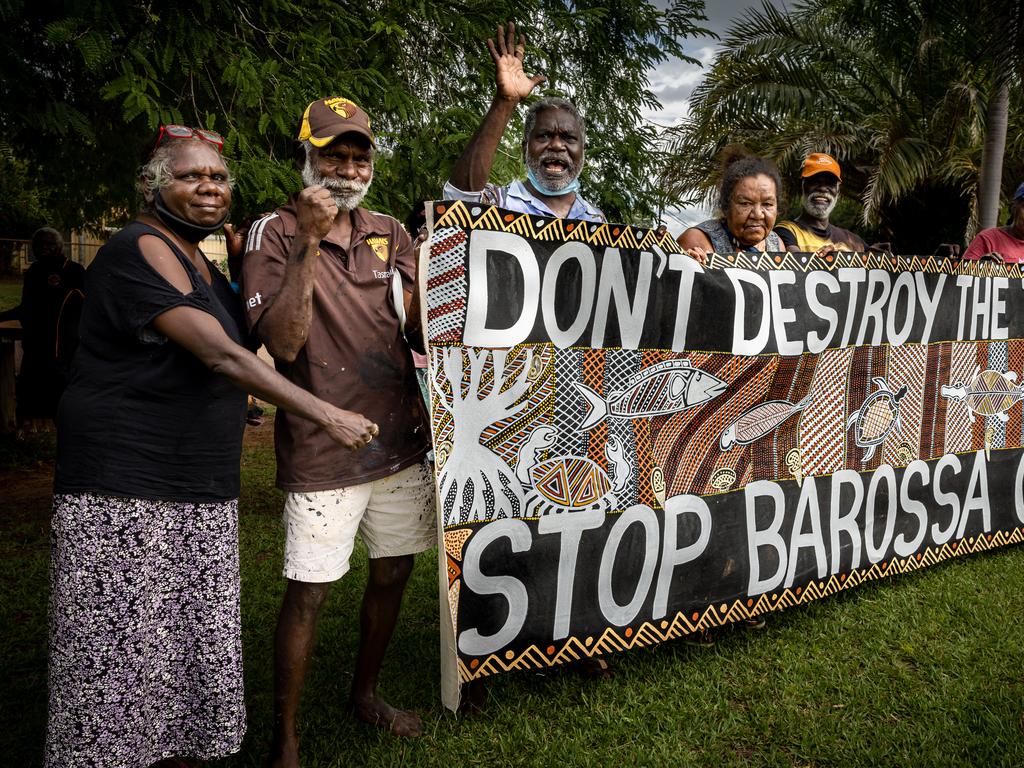 Tiwi Islanders gathered together to protest the Santos-led Barossa offshore development. Picture: Supplied