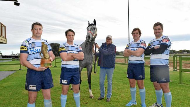 Roma Echidnas stars Tom Capel, Sam Fryer, Andrew Fuller and Tom Zerk at the 2016 rugby races, with Craig Smith. Picture: Tom Gillespie