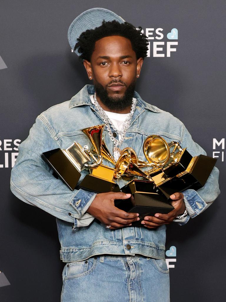 Lamar with some of last week’s Grammys haul. Picture: Getty