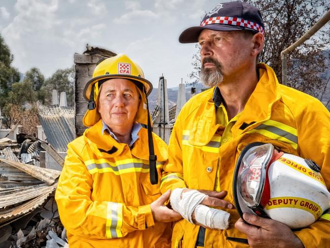 CFA couple George and Fiona Kucka know the devastating impact of Victoria's fire crisis first-hand.They lost two farmhouses on their Guys Forest property - Mr Kucka returning having just helped save about a half dozen homes elsewhere.Their main house was spared but every inch of their 3000-acre farm is now black. Picture: Simon Dallinger