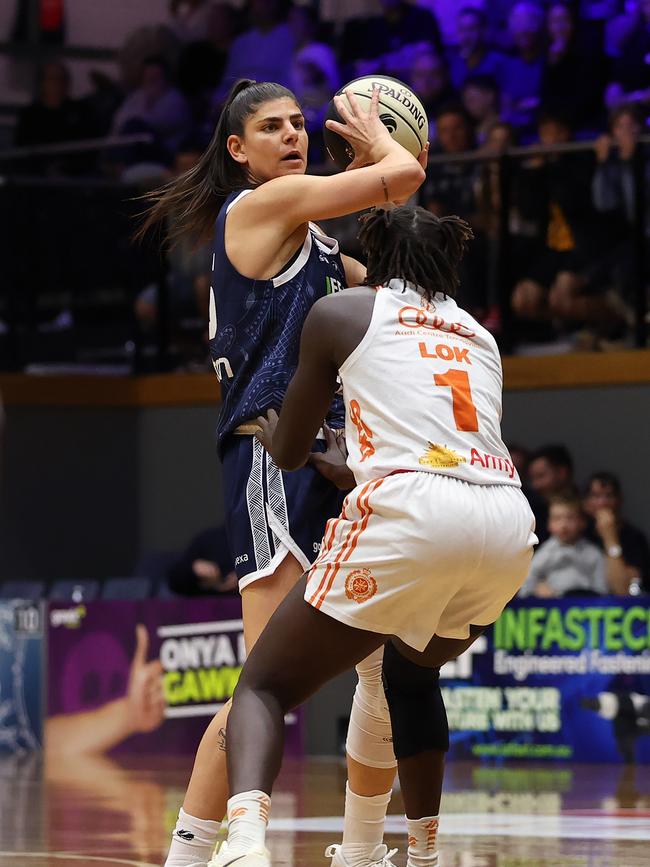 GEELONG, AUSTRALIA - OCTOBER 30: Daniel Raber of Geelong United looks to passduring the round one WNBL match between Geelong United and Townsville Fire at The Geelong Arena, on October 30, 2024, in Geelong, Australia. (Photo by Kelly Defina/Getty Images)