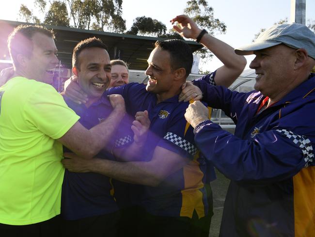 Vermont coache Harmit Singh celebrates on the final siren. Picture: Andy Brownbill