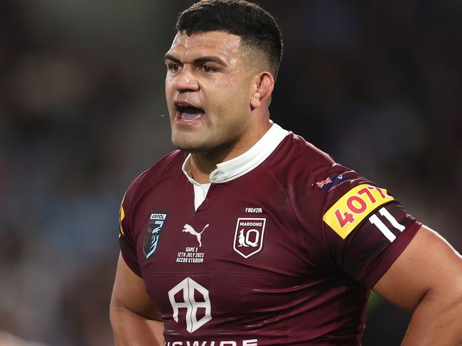 SYDNEY, AUSTRALIA - JULY 12: David Fifita of the Maroons reacts during game three of the State of Origin series between New South Wales Blues and Queensland Maroons at Accor Stadium on July 12, 2023 in Sydney, Australia. (Photo by Mark Kolbe/Getty Images)