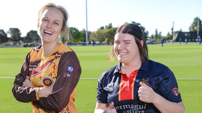 Kensington captain Sarah Lowe and Adelaide captain Kelly Armstrong ahead of last season’s first grade SACA grand final. Picture: Brenton Edwards