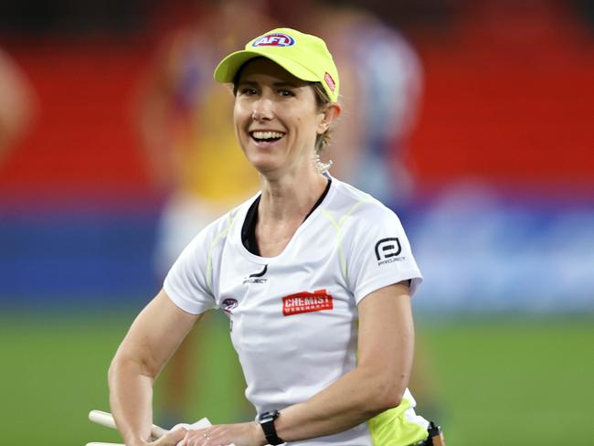 AFL Round 18. 17/09/2020.  North Melbourne vs West Coast Eagles at Metricon stadium, Gold Coast.   Goal umpire Chelsea Roffey . Pic: Michael Klein