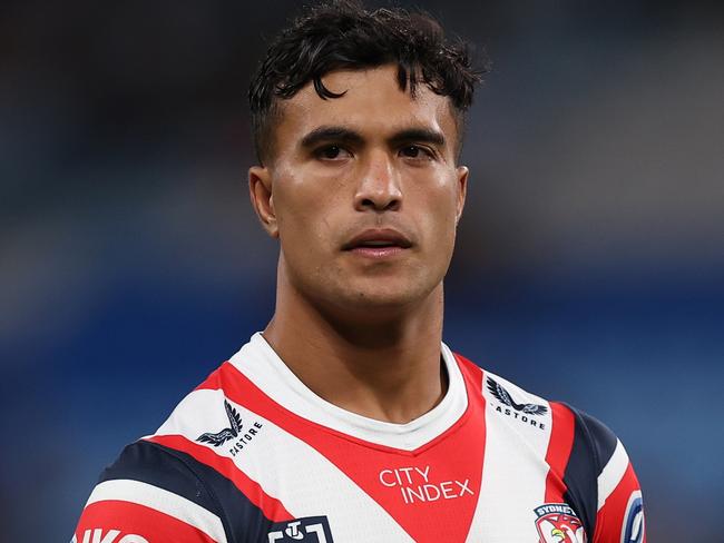 SYDNEY, AUSTRALIA - MARCH 30: Joseph-Aukuso Suaalii of the Sydney Roosters warms up during the round five NRL match between the Sydney Roosters and the Parramatta Eels at Allianz Stadium on March 30, 2023 in Sydney, Australia. (Photo by Mark Kolbe/Getty Images)