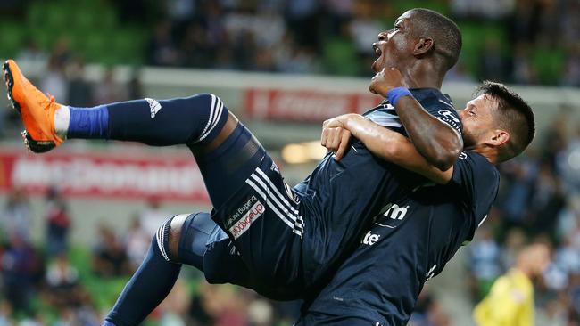 A -League. Round 22. Melbourne City vs Melbourne Victory at AAMI Park. Melbourne VictoryÕs Leroy George celebrates his 2nd half goal   . Pic: Michael Klein