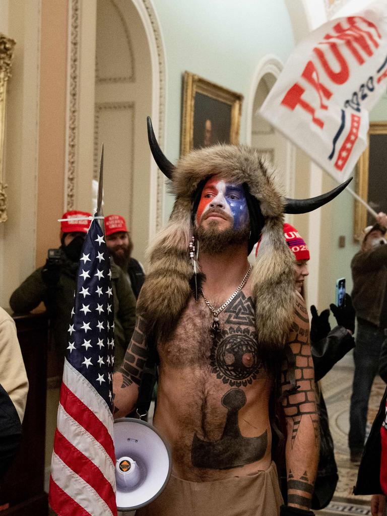 Supporters of US President Donald Trump, including QAnon conspiracy group member Jacob Anthony Chansley, entered the US Capitol in Washington, DC. Picture: Saul Loeb/AFP