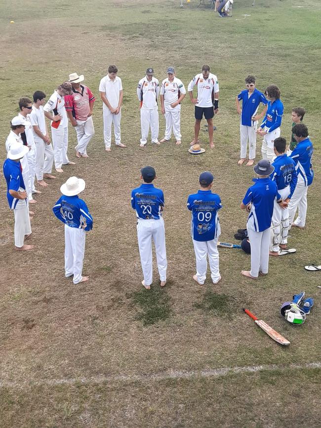 A barefoot circle was held before the Bowen versus Proserpine Under-17 match in honour of Reconciliation Round. Photo: Contributed