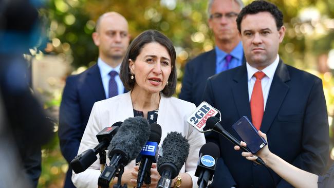 NSW Premier Gladys Berejiklian with NSW Minister for Sport Stuart Ayres making an announcement about Sydney stadiums in November. Picture: Joel Carrett