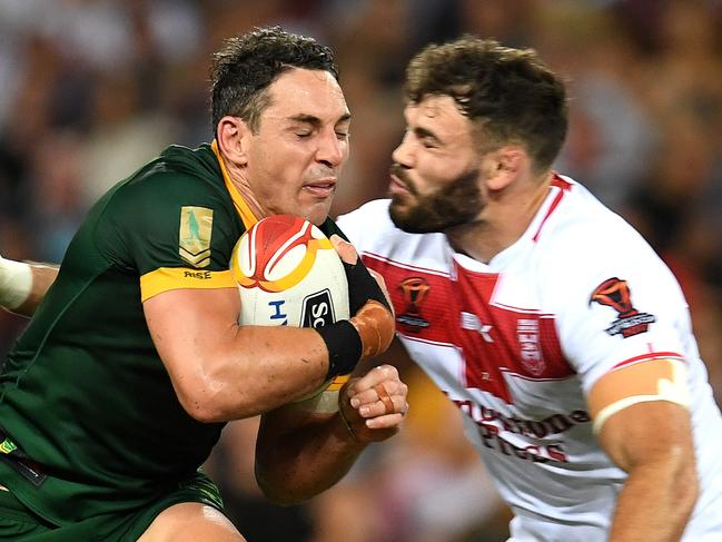 Billy Slater of Australia (centre) is seen during the Rugby League World Cup final match between the Australian Kangaroos and England at Brisbane Stadium in Brisbane, Saturday, December 2, 2017. (AAP Image/Dan Peled) NO ARCHIVING, EDITORIAL USE ONLY