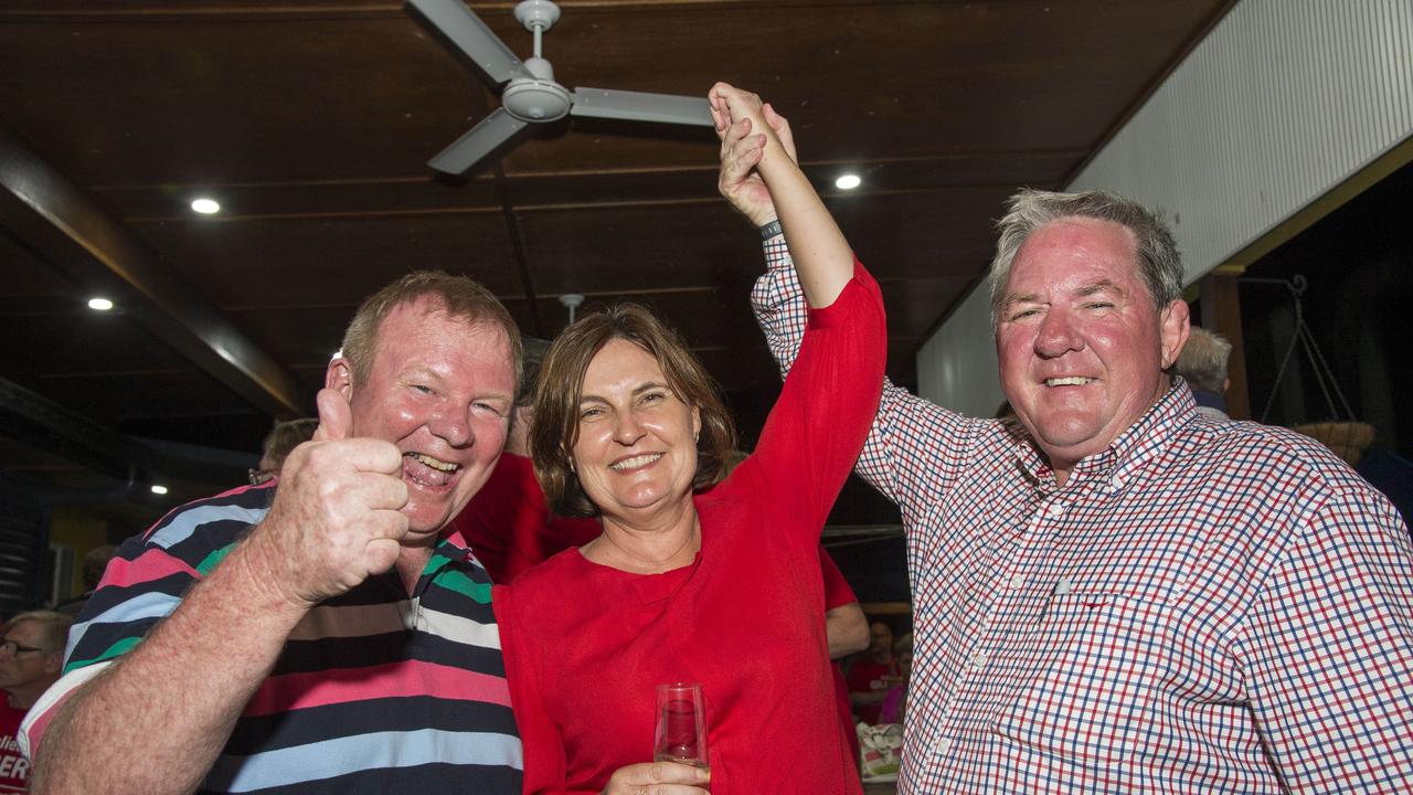 Qld Election 2015, Mackay ALP Candidate Julieanne Gilbert congratulated by husband Frank and Former Member for Mackay Tim Mulherin at home in Mackay. Photog : Daryl Wright